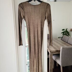 monaco Metallic Bronze Ribbed Long-Sleeve Maxi Dress